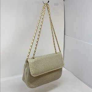 WHITING & DAVIS Beige Mesh & Leather Crossbody Bag
